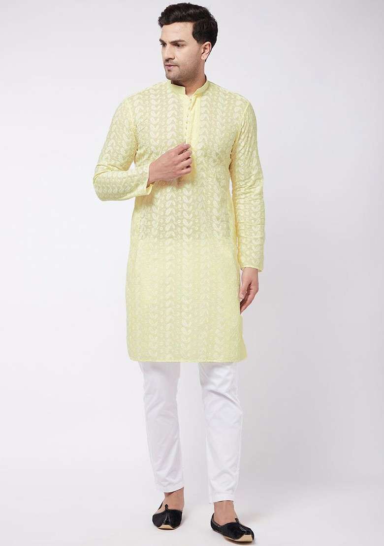 Yellow Embroidered Cotton Kurta Set For Men - Indya