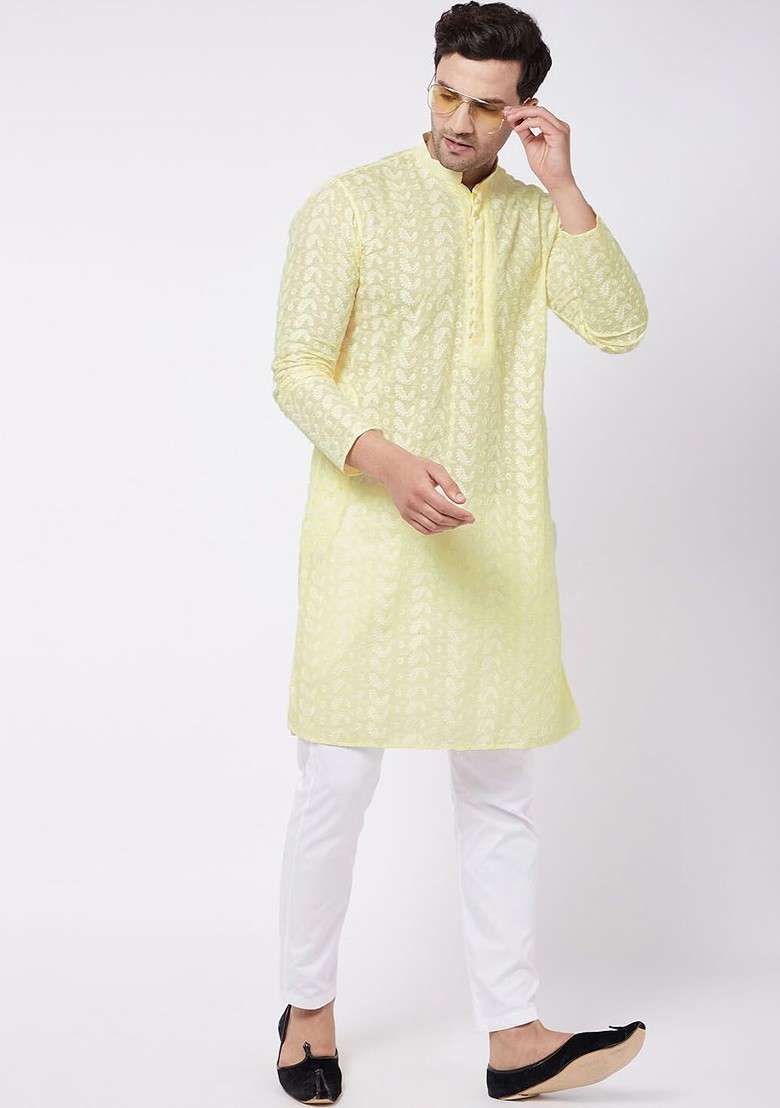 Yellow Embroidered Cotton Kurta Set For Men - Indya