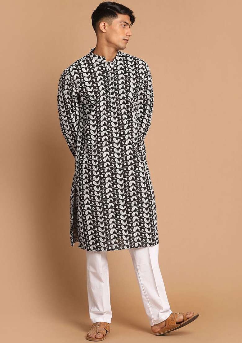 Black Embroidered Cotton Kurta Set For Men - Indya
