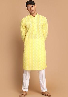 Mustard Embroidered Cotton Kurta Set For Men