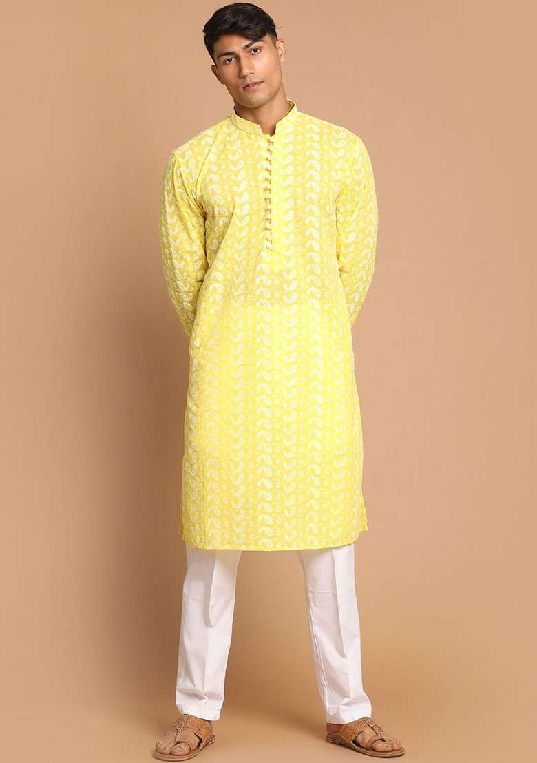 Mustard Embroidered Cotton Kurta Set For Men - Indya