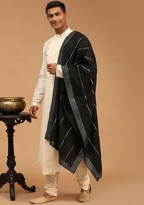 Cream Mirror Work Poly Blend Kurta Set For Men
