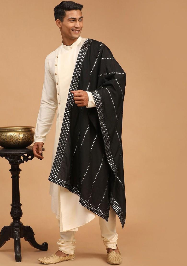 Cream Mirror Work Poly Blend Kurta Set For Men