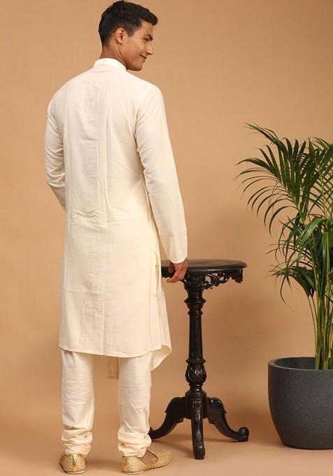 Cream Mirror Work Poly Blend Kurta Set For Men