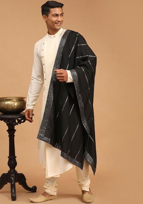 Cream Mirror Work Poly Blend Kurta Set For Men
