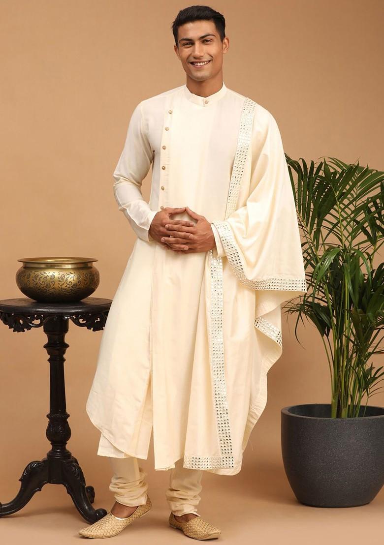 Cream Mirror Work Poly Blend Kurta Set For Men