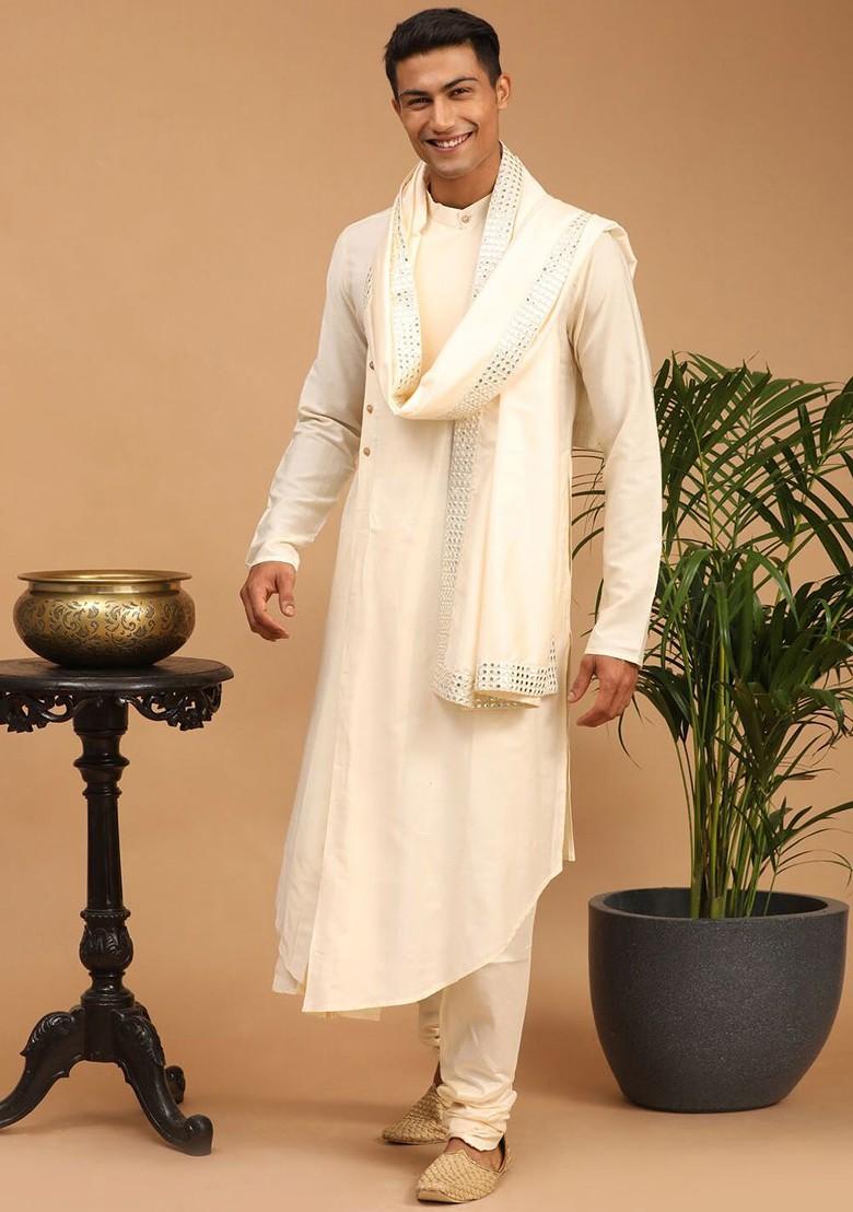 Cream Mirror Work Poly Blend Kurta Set For Men