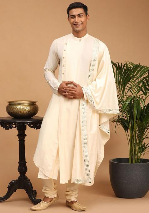 Cream Mirror Work Poly Blend Kurta Set For Men