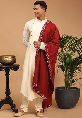 Cream Mirror Work Poly Blend Kurta Set For Men