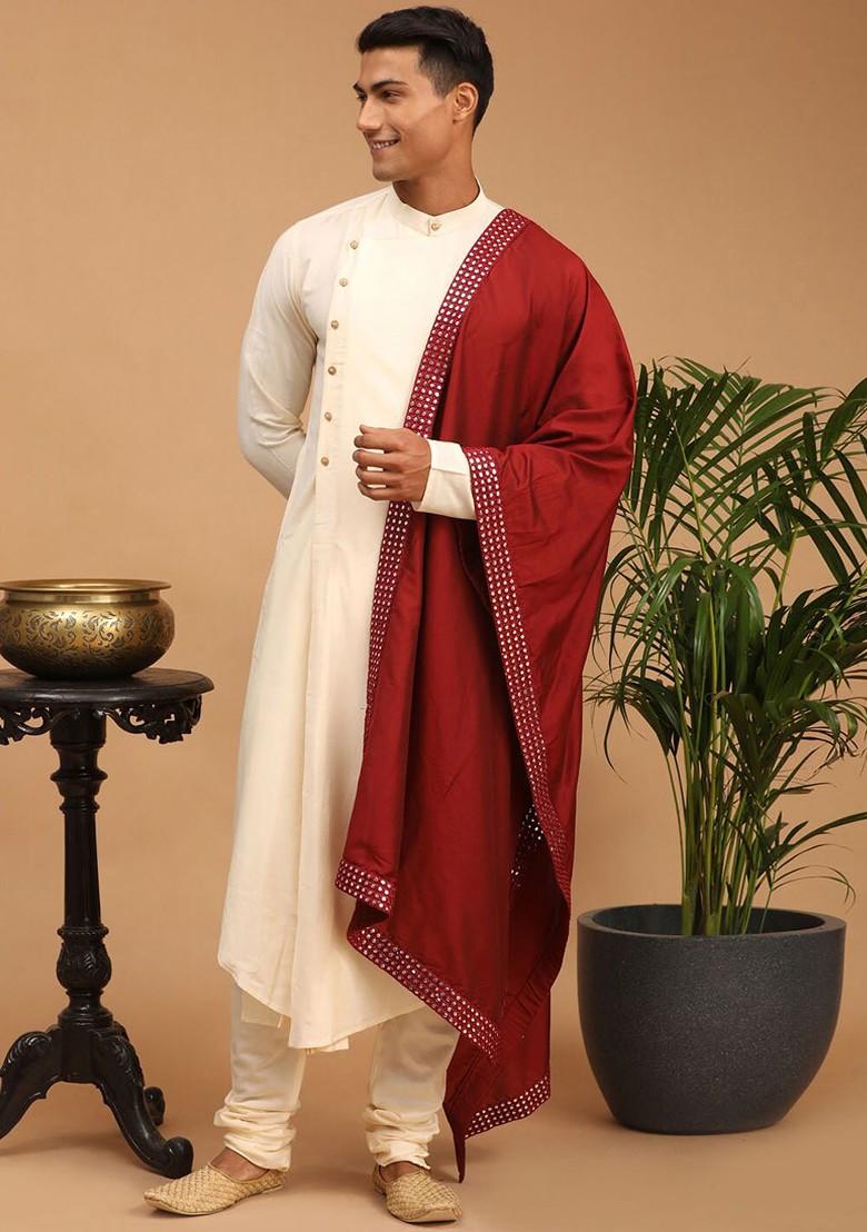 Cream Mirror Work Poly Blend Kurta Set For Men