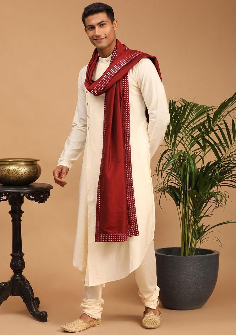 Cream Mirror Work Poly Blend Kurta Set For Men