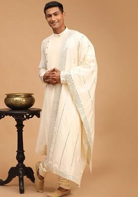 Cream Mirror Work Poly Blend Kurta Set For Men
