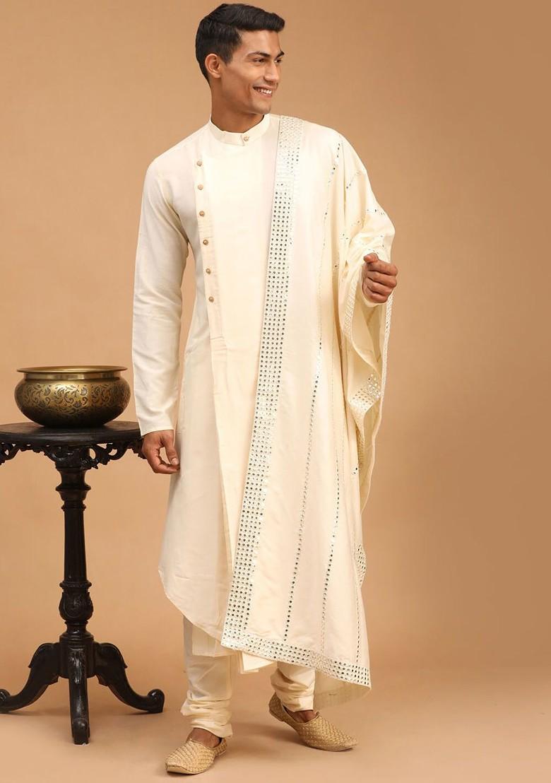 Cream Mirror Work Poly Blend Kurta Set For Men
