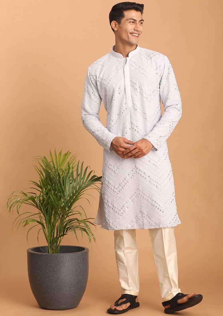 White Embroidered Poly Blend Kurta Set For Men