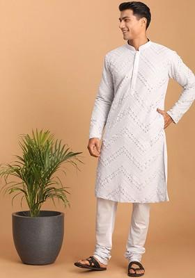 White Embroidered Poly Blend Kurta Set For Men