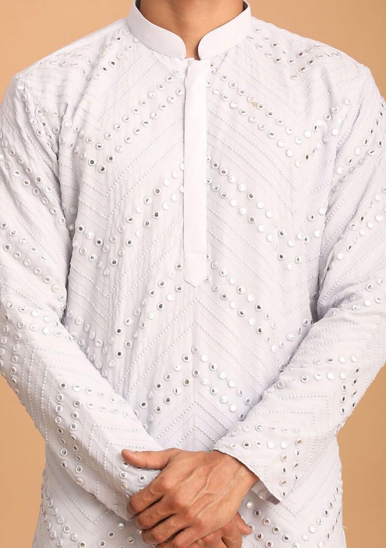 White Embroidered Poly Blend Kurta Set For Men
