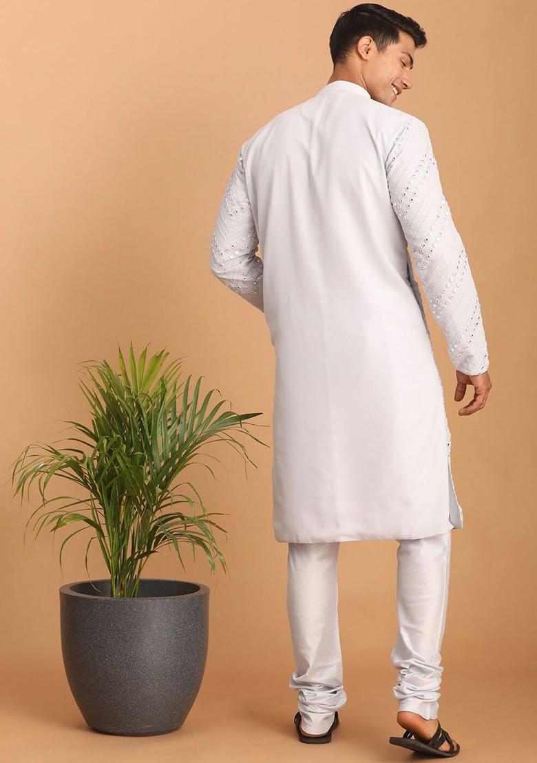 White Embroidered Poly Blend Kurta Set For Men