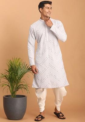 White Embroidered Poly Blend Kurta Set For Men