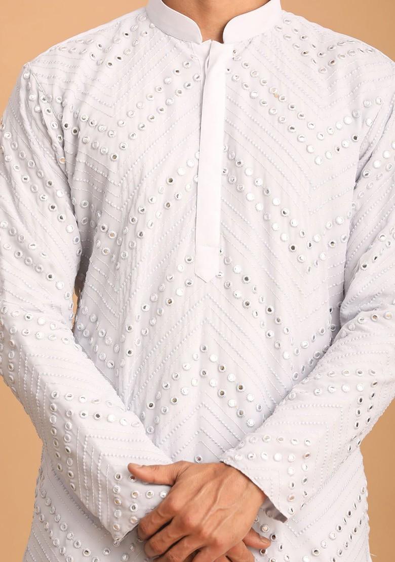 White Embroidered Poly Blend Kurta Set For Men