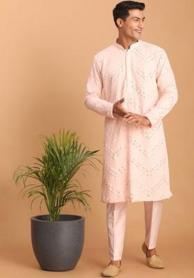 Pink Embroidered Poly Blend Kurta Set For Men