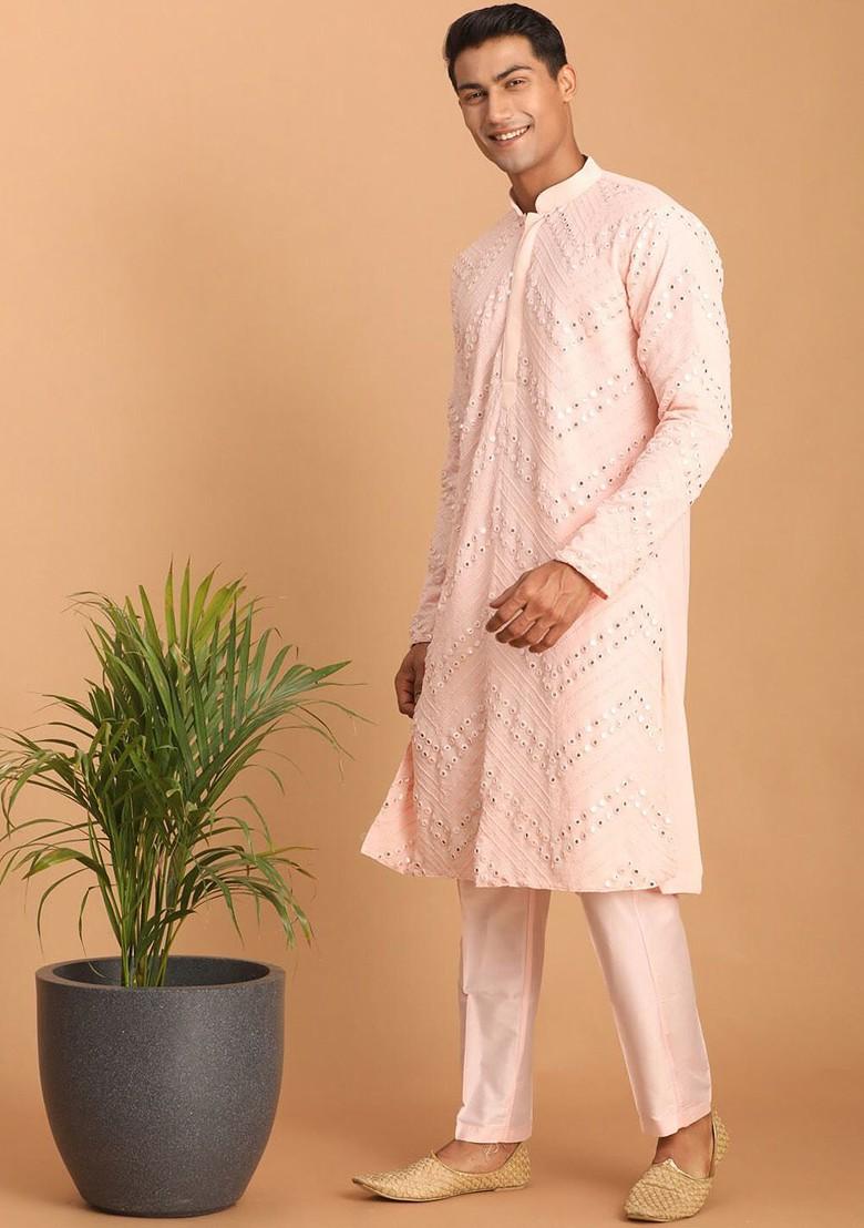 Pink Embroidered Poly Blend Kurta Set For Men