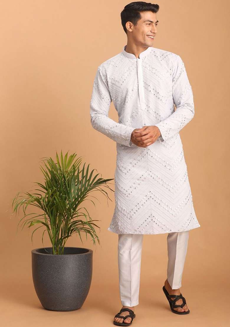 Off White Embroidered Poly Blend Kurta Set For Men - Indya