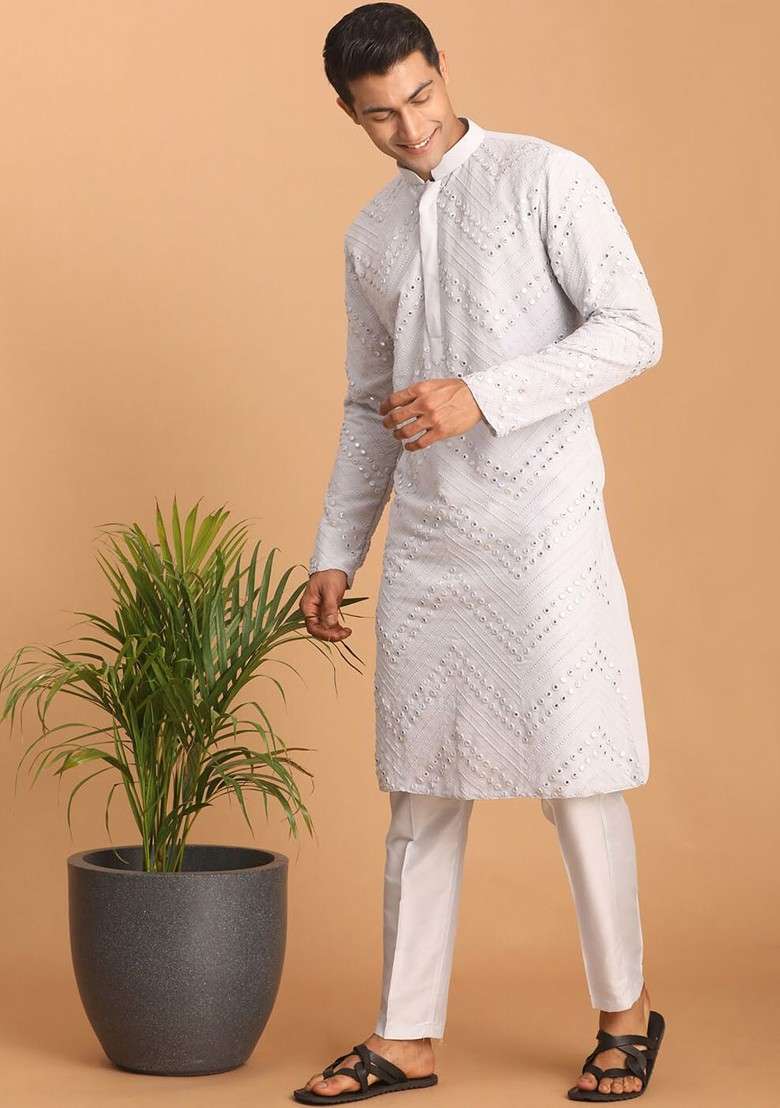 Off White Embroidered Poly Blend Kurta Set For Men - Indya