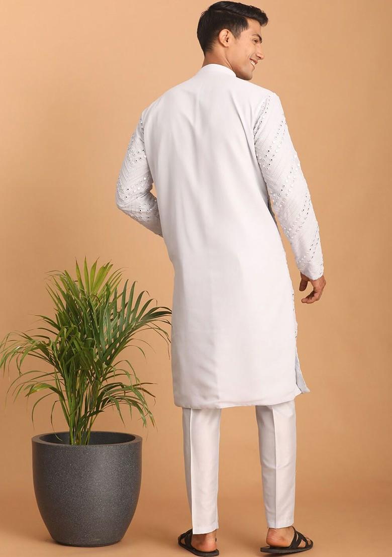 Off White Embroidered Poly Blend Kurta Set For Men