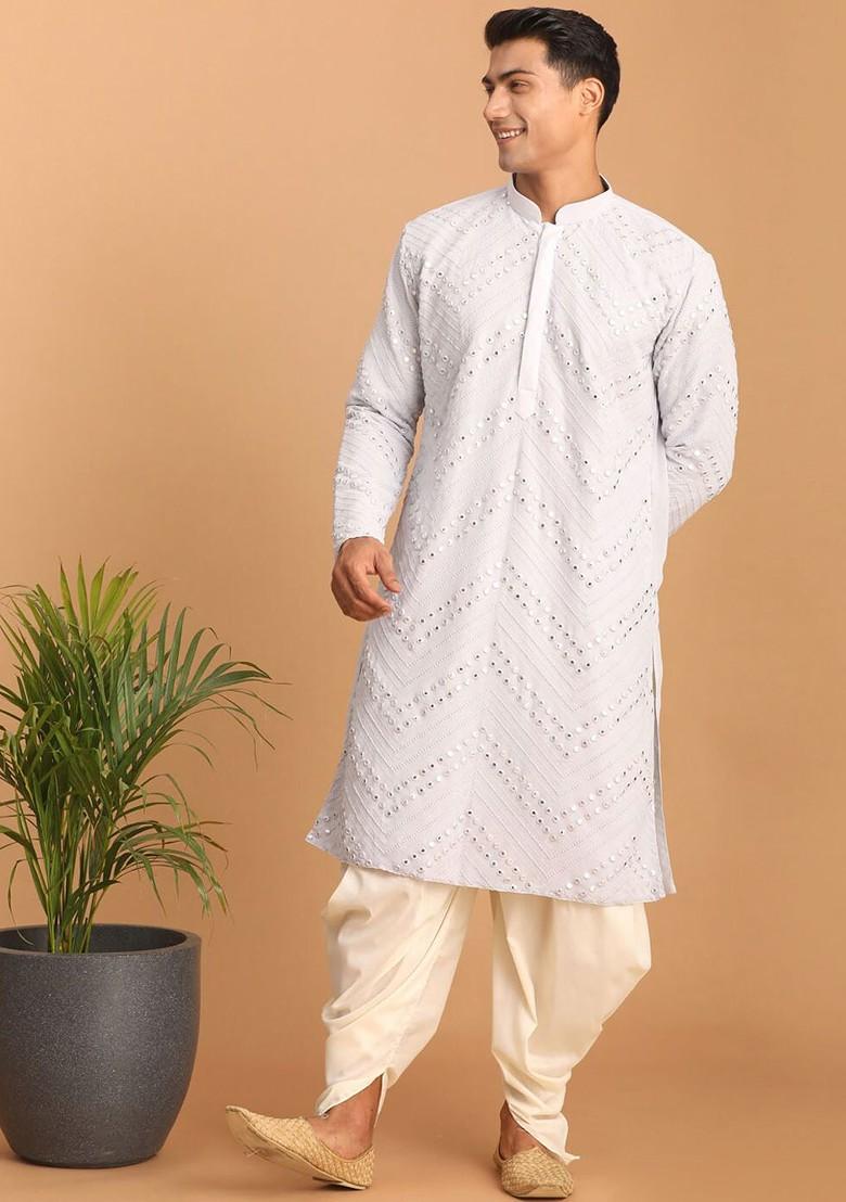 White Embroidered Poly Blend Kurta Set For Men