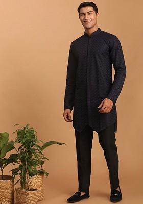 Navy Blue Embroidered Poly Blend Kurta Set For Men