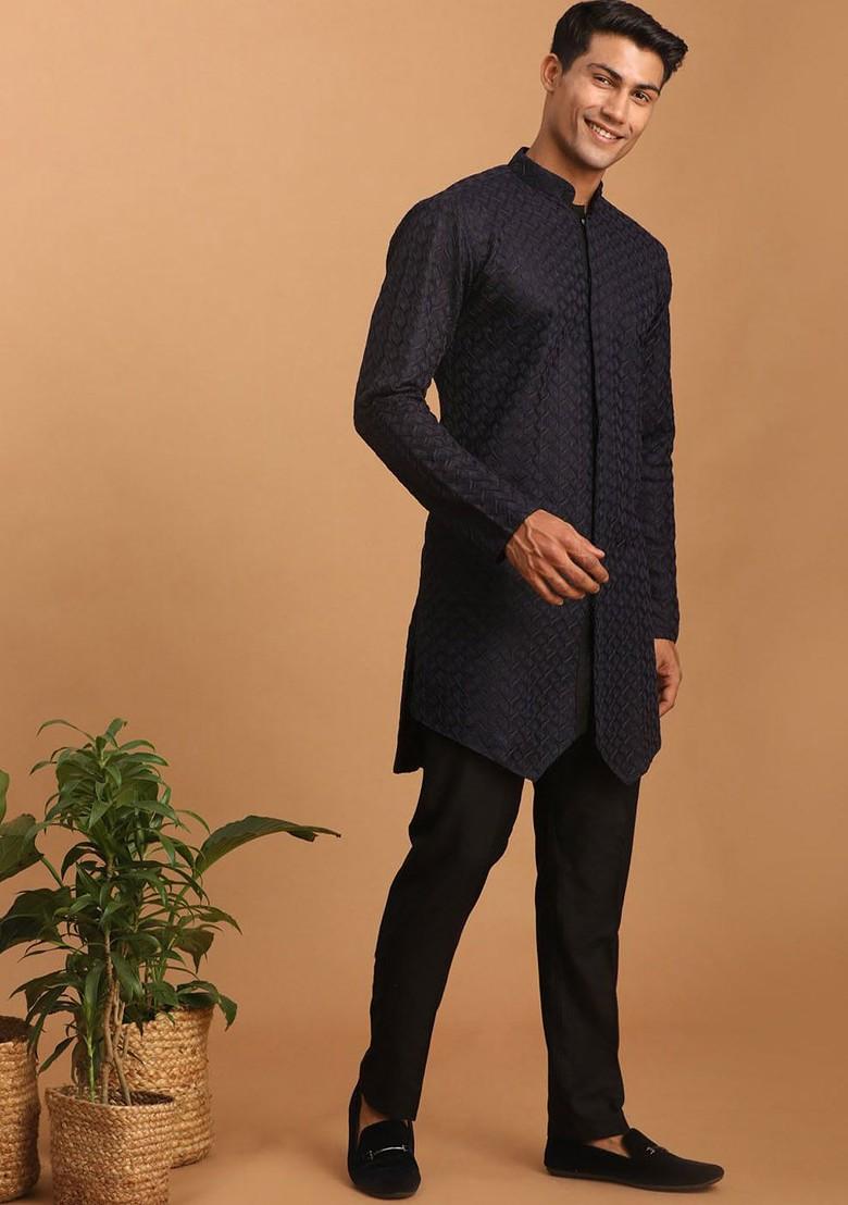 Navy Blue Embroidered Poly Blend Kurta Set For Men