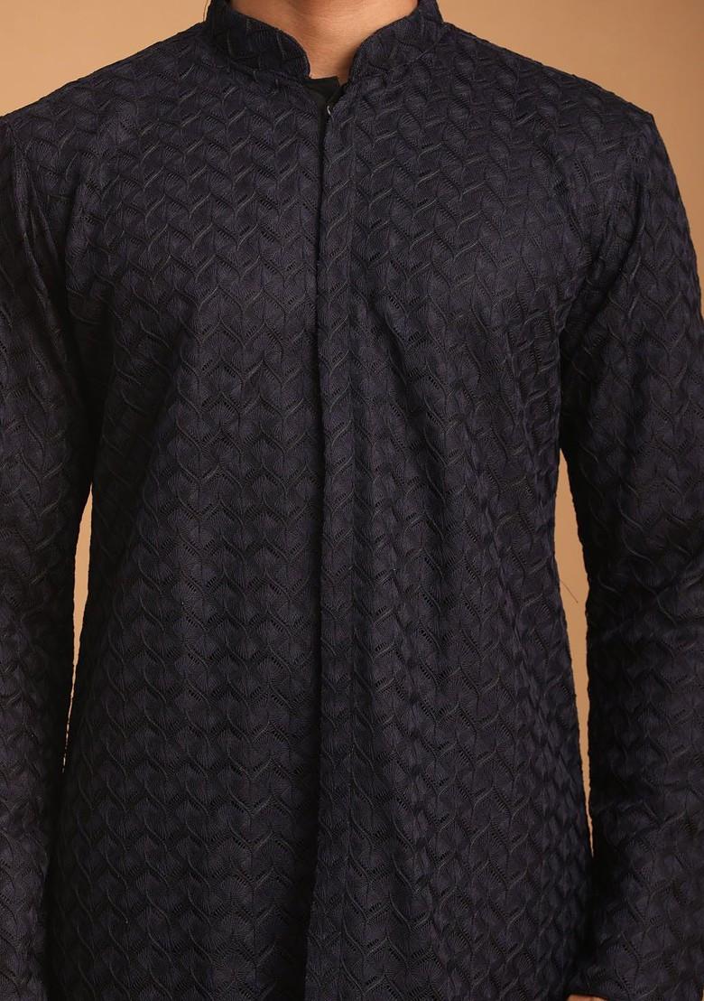 Navy Blue Embroidered Poly Blend Kurta Set For Men
