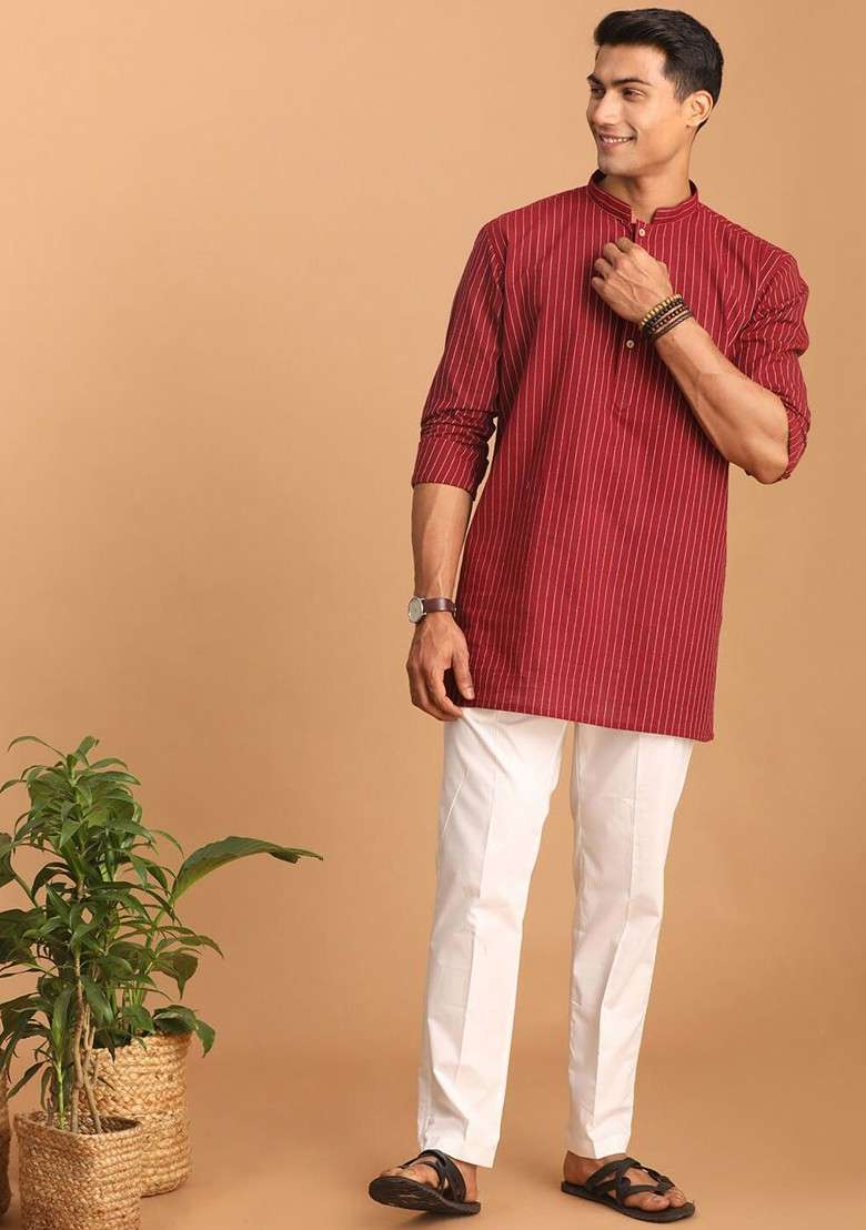 Maroon Striped Cotton Kurta Set For Men - Indya