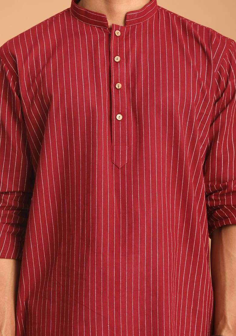 Maroon Striped Cotton Kurta Set For Men - Indya