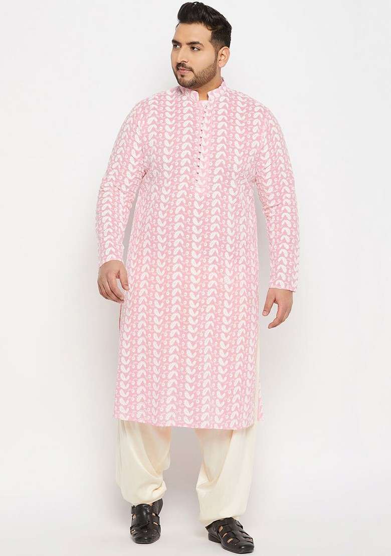 Pink Embroidered Cotton Kurta Set For Men - Indya