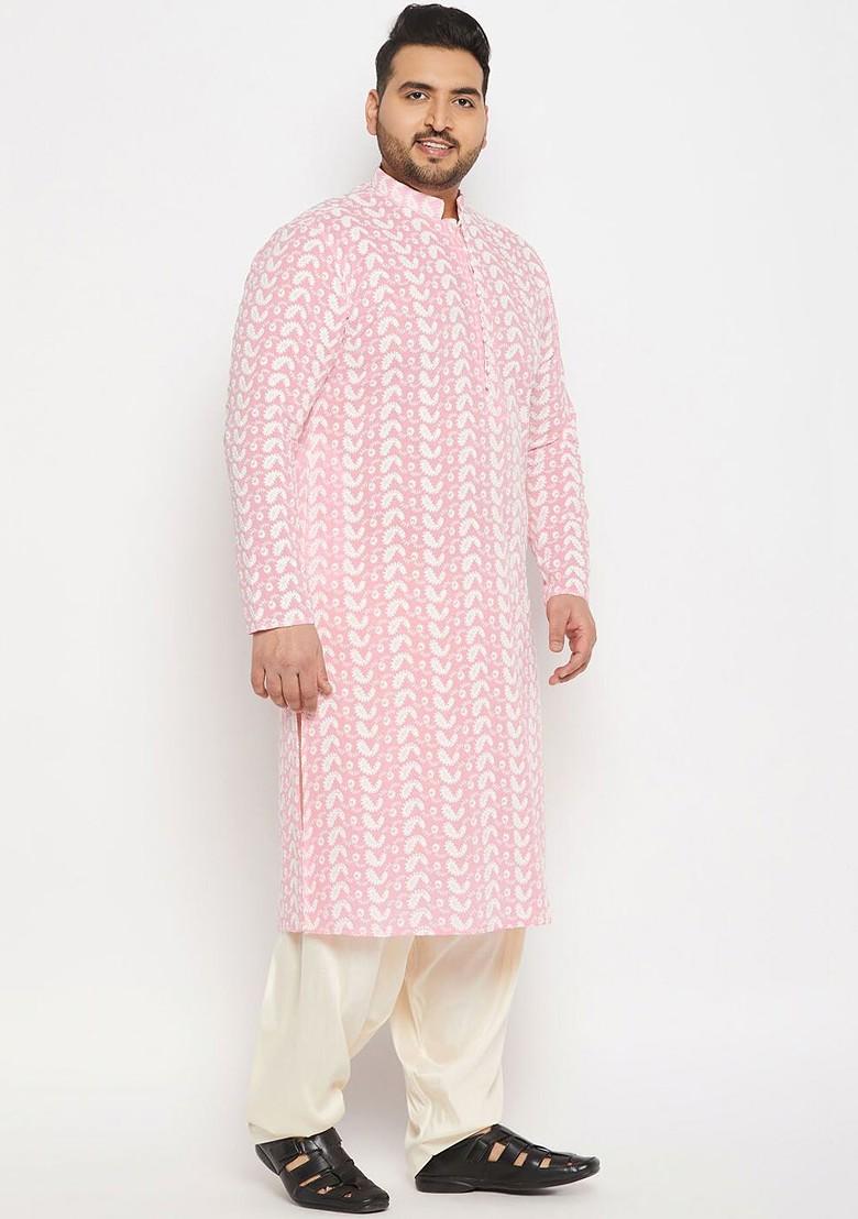 Pink Embroidered Cotton Kurta Set For Men