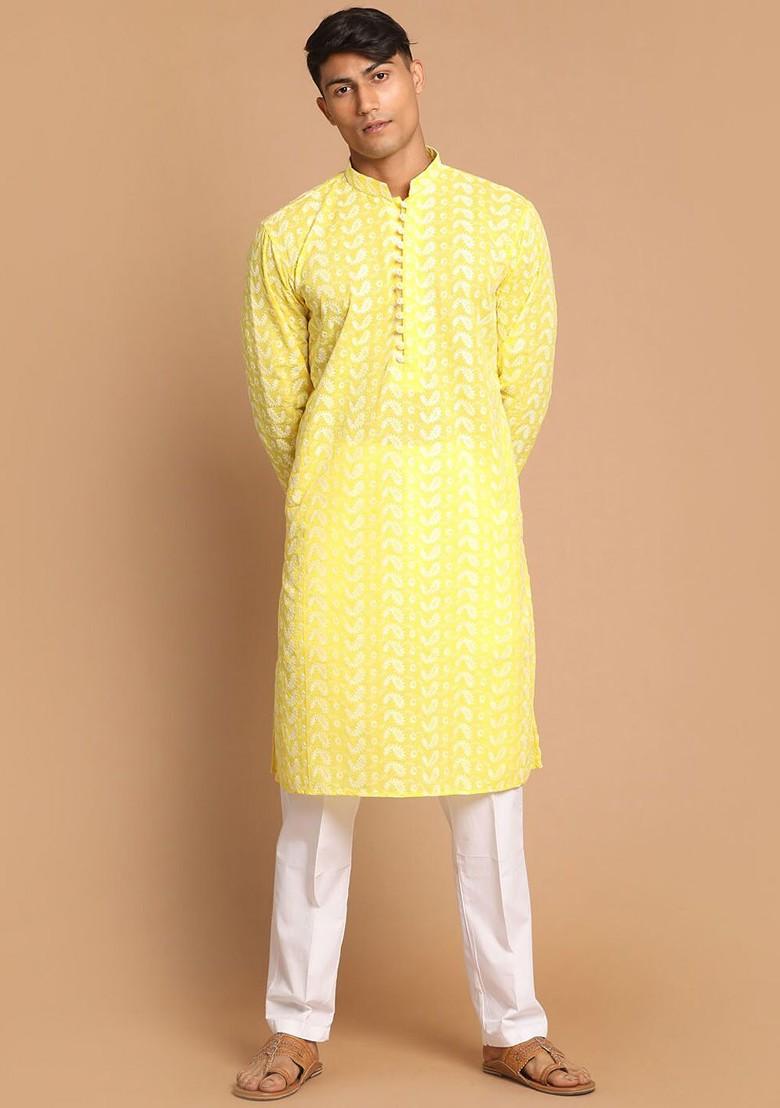 Yellow Embroidered Cotton Kurta Set For Men