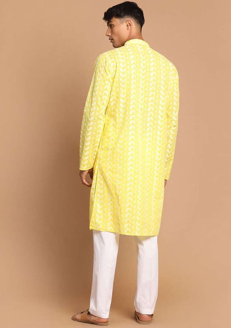 Yellow Embroidered Cotton Kurta Set For Men - Indya