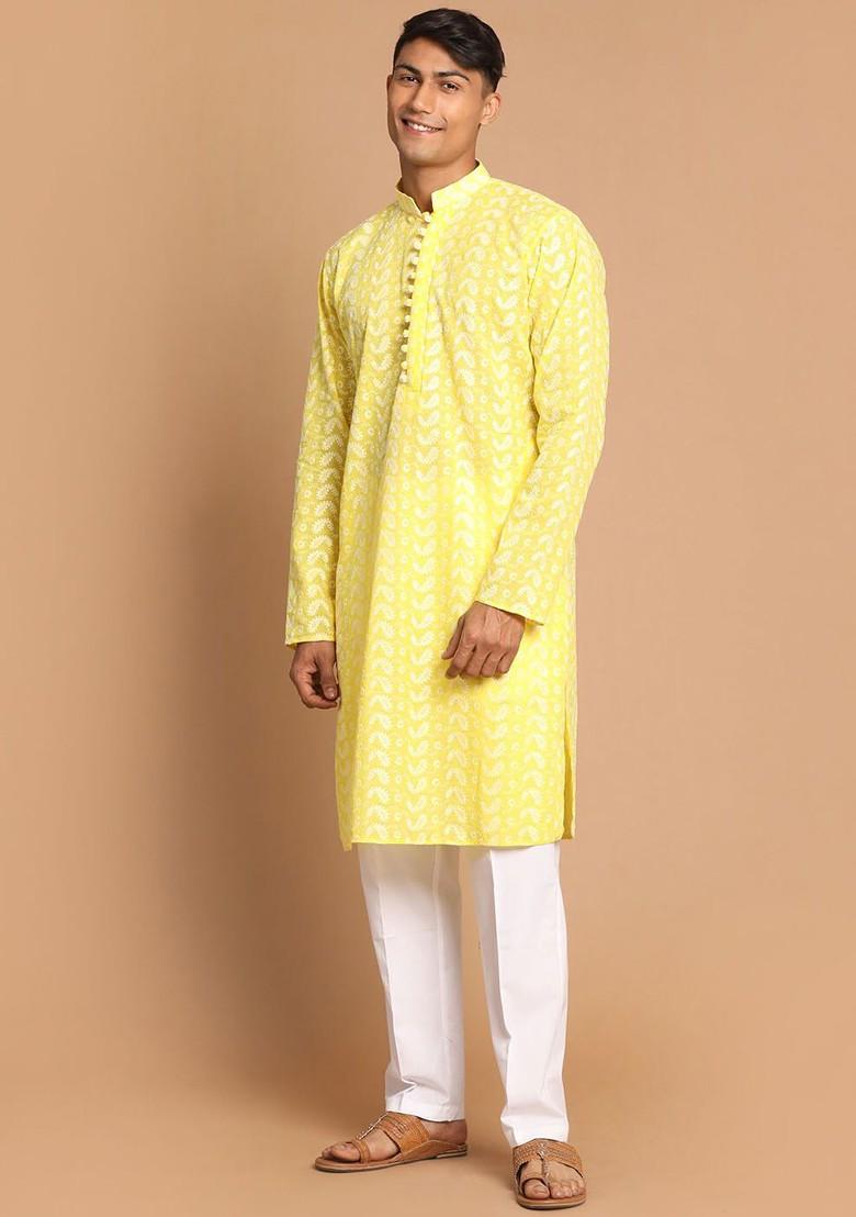 Yellow Embroidered Cotton Kurta Set For Men