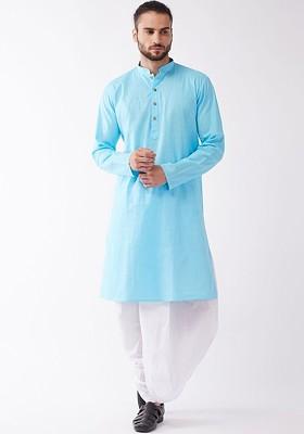 Blue Solid Poly Blend Kurta Set For Men