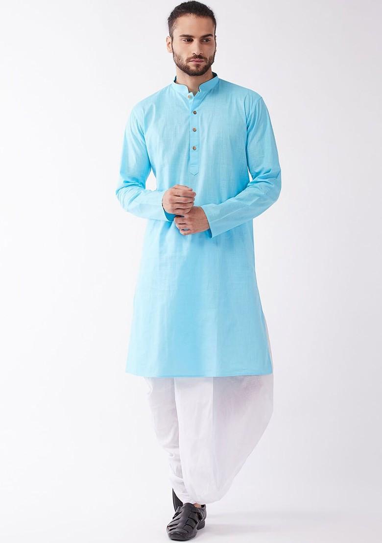 Blue Solid Poly Blend Kurta Set For Men