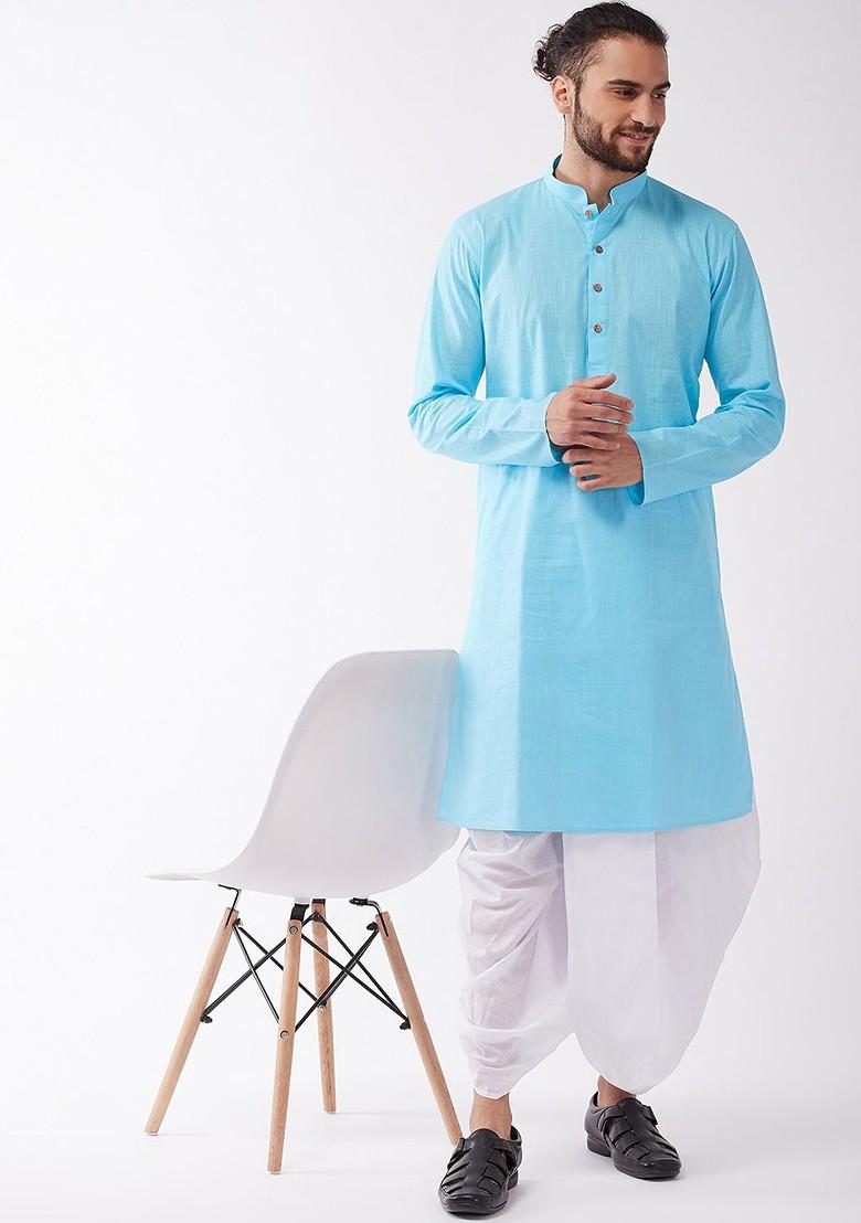 Blue Solid Poly Blend Kurta Set For Men