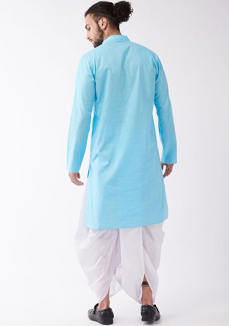 Blue Solid Poly Blend Kurta Set For Men