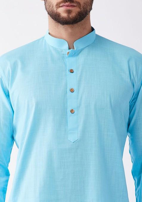 Blue Solid Poly Blend Kurta Set For Men