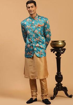 Rose Gold Solid Poly Blend Kurta Set For Men