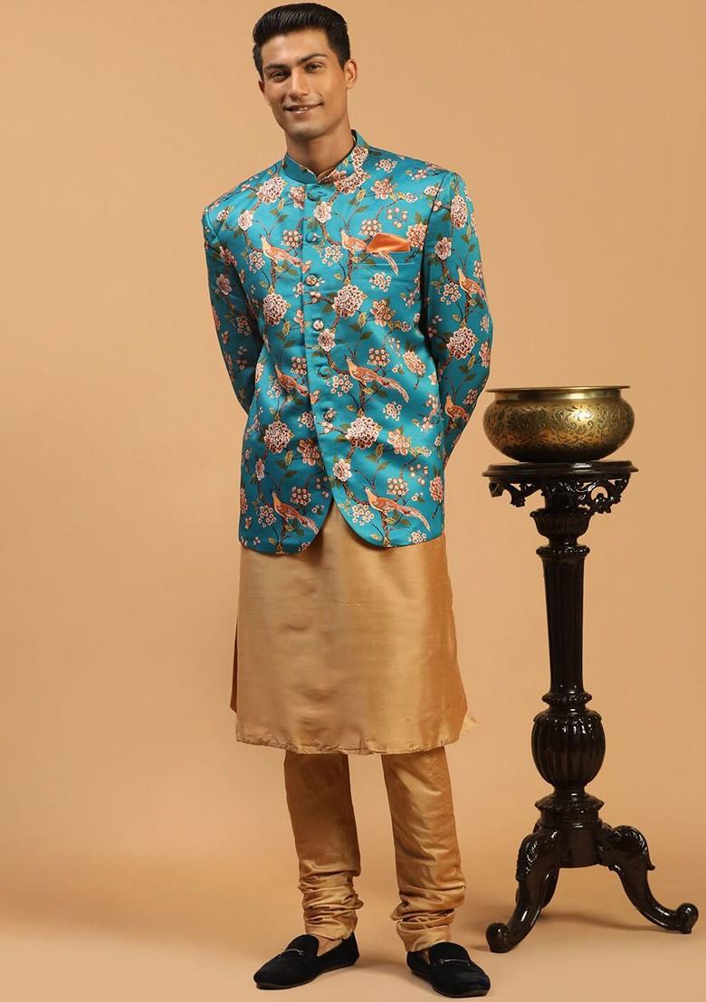 Rose Gold Solid Poly Blend Kurta Set For Men