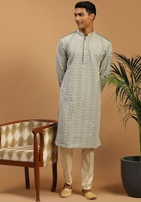 Grey Embroidered Poly Blend Kurta Set For Men