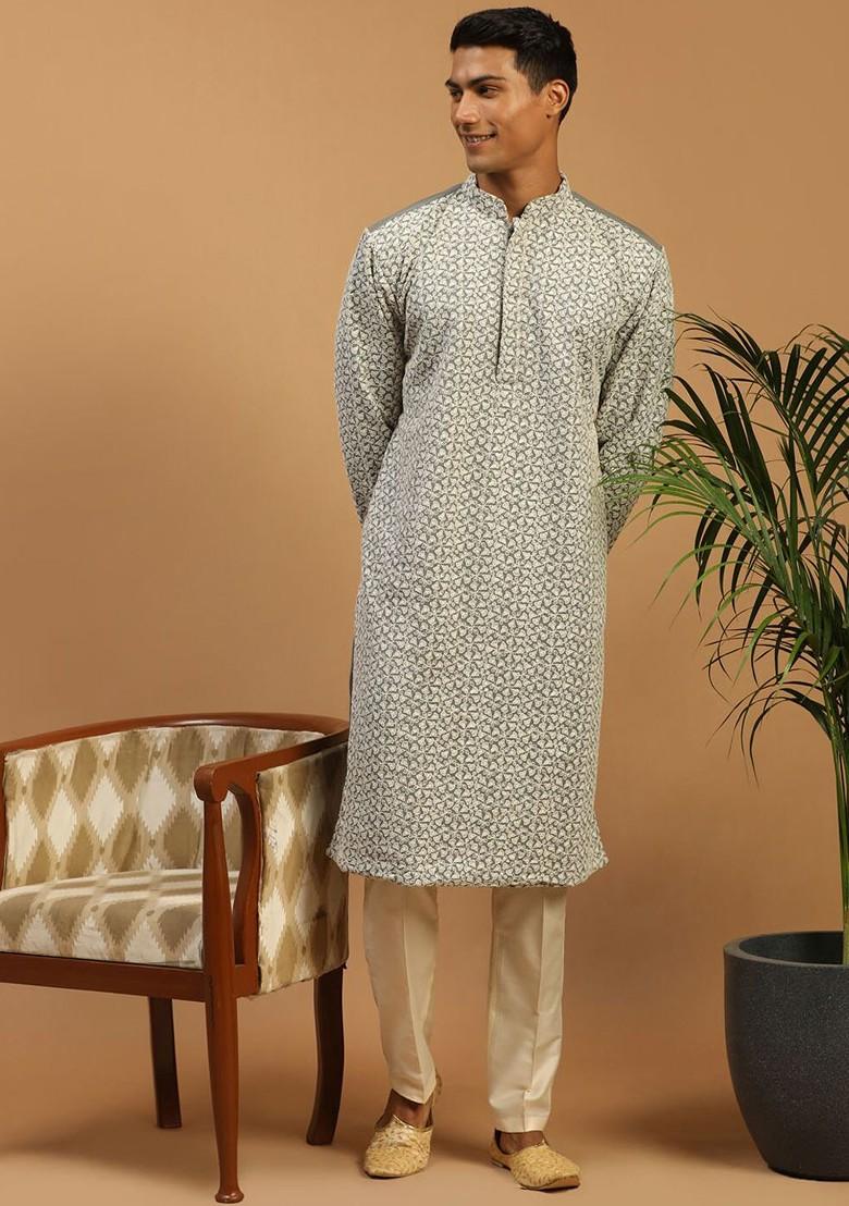 Grey Embroidered Poly Blend Kurta Set For Men