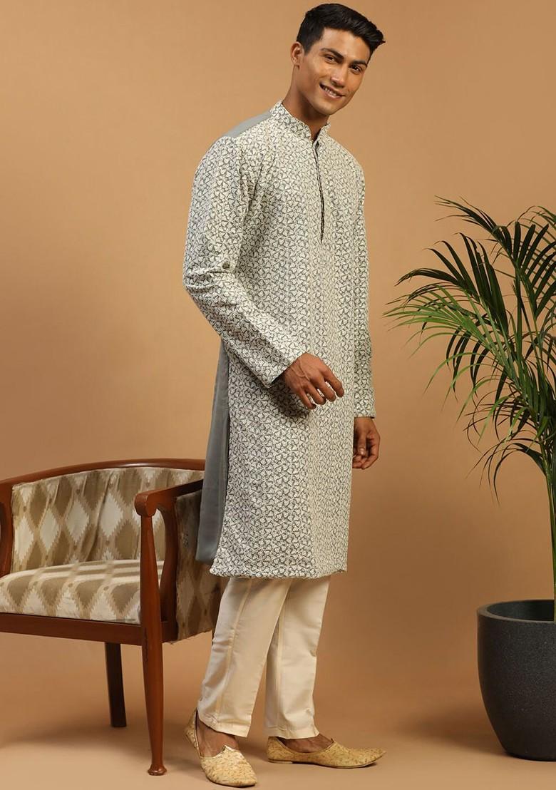 Grey Embroidered Poly Blend Kurta Set For Men