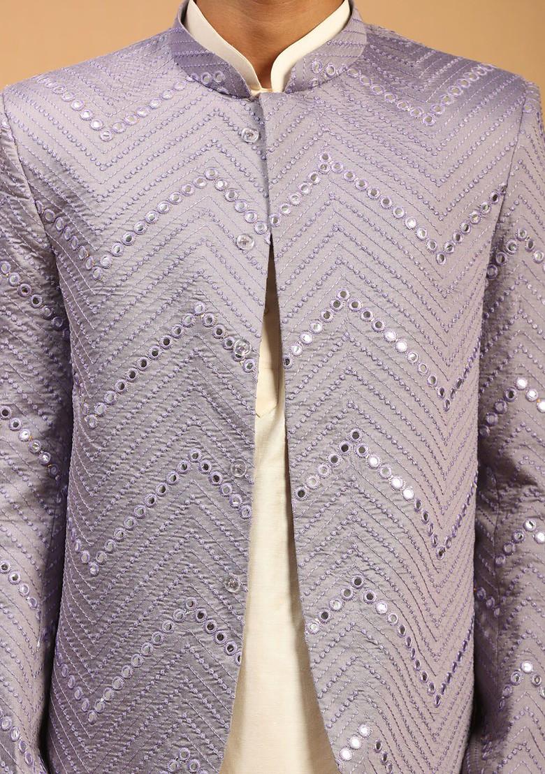 Cream Embroidered Poly Blend Kurta Set For Men